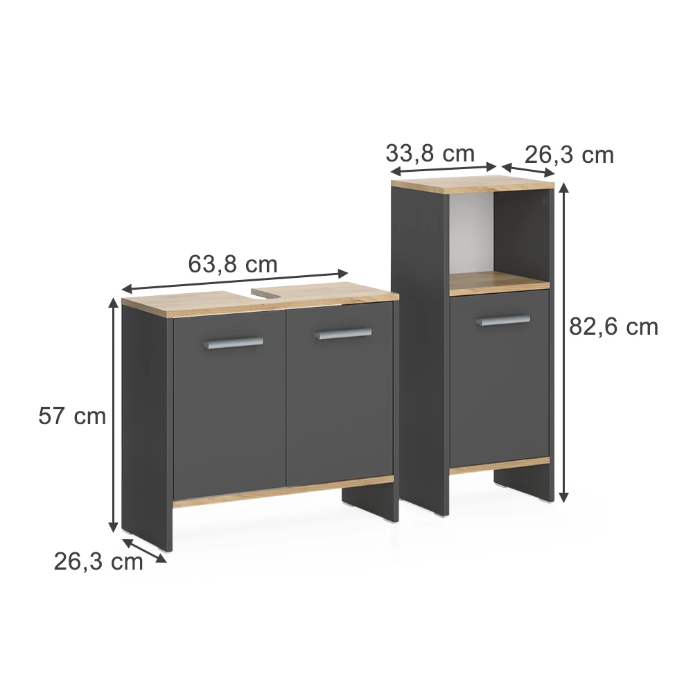 Set di mobili da bagno in Antracite/quercia dorata su sfondo bianco con dimensioni visibili