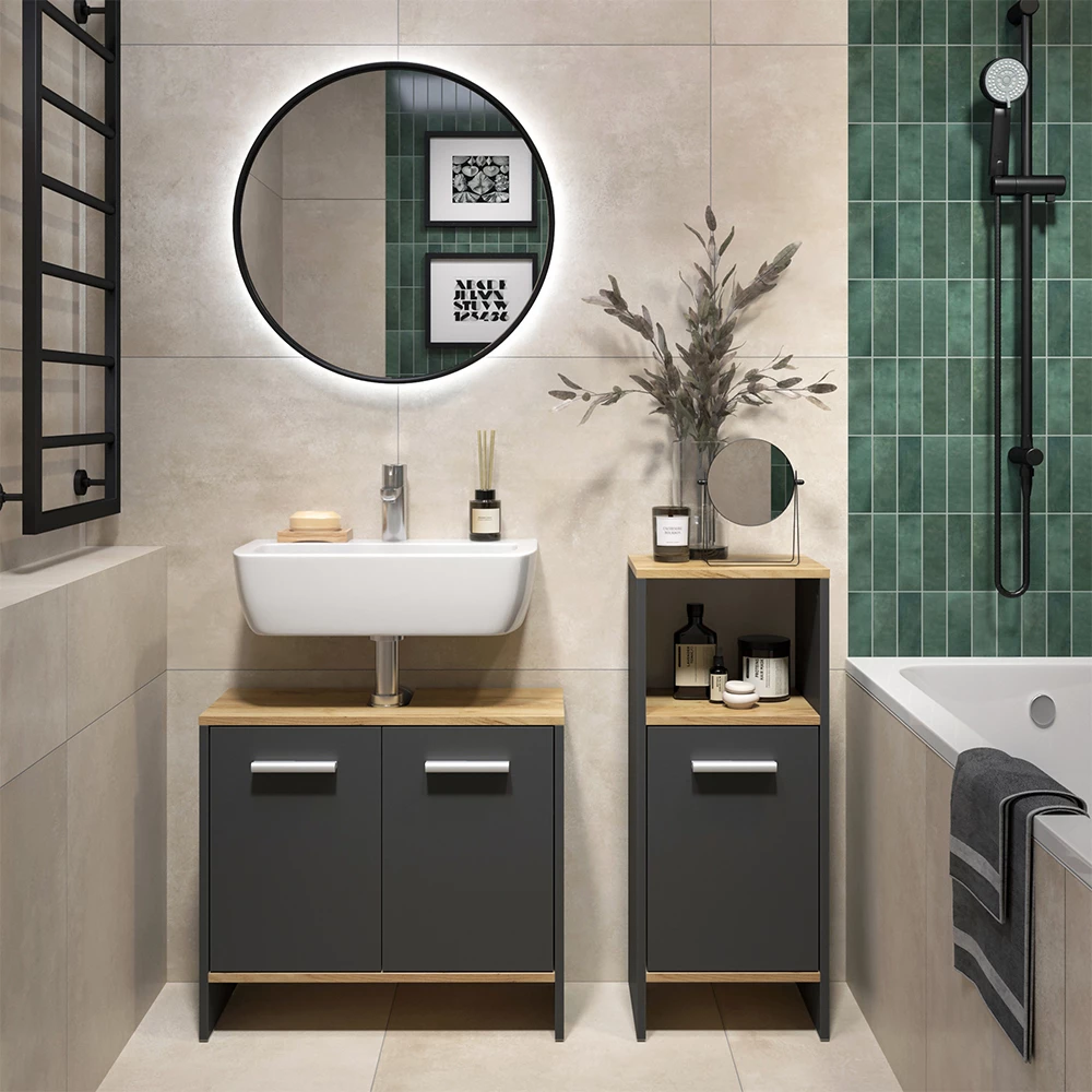 Set di mobili da bagno in Antracite/quercia dorata, mostrato in un ambiente ambientale con decorazioni