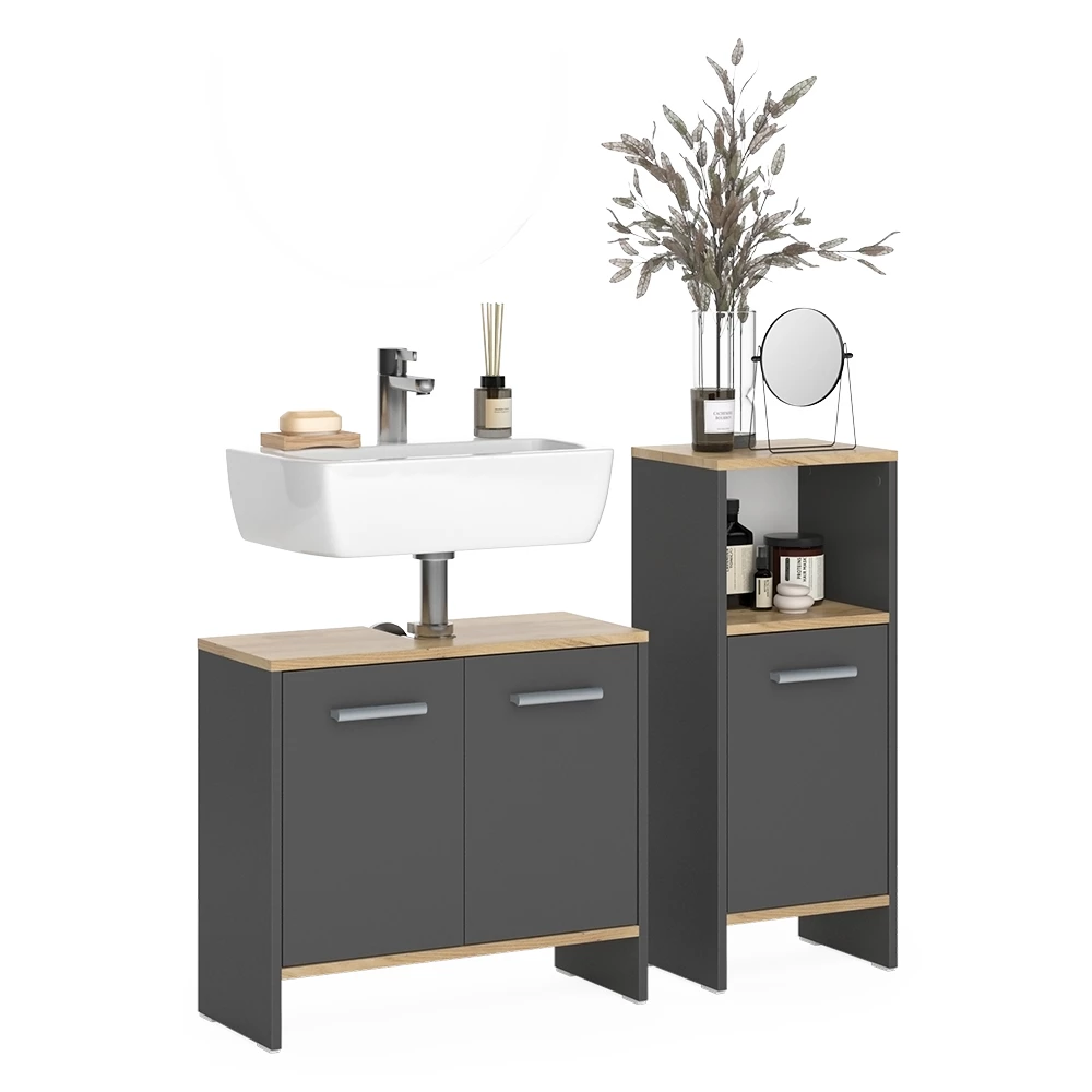 Set di mobili da bagno in Antracite/quercia dorata su sfondo bianco con elementi decorativi