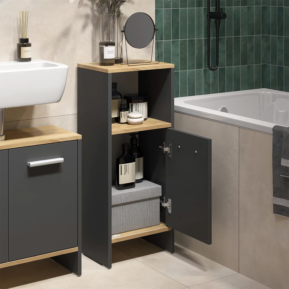 Primo piano di Set di mobili da bagno in Antracite/quercia dorata, mostrando design e dettagli della superficie