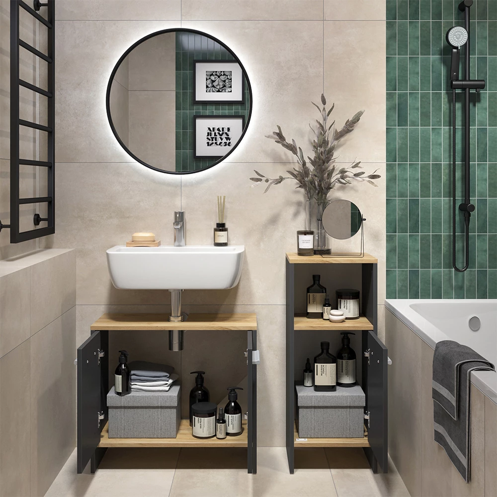 Set di mobili da bagno Karli Antracite/quercia dorata 2 parti Vicco