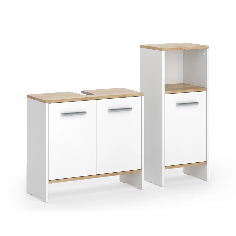 Badkamermeubelset in Eik wit/goud op een witte achtergrond