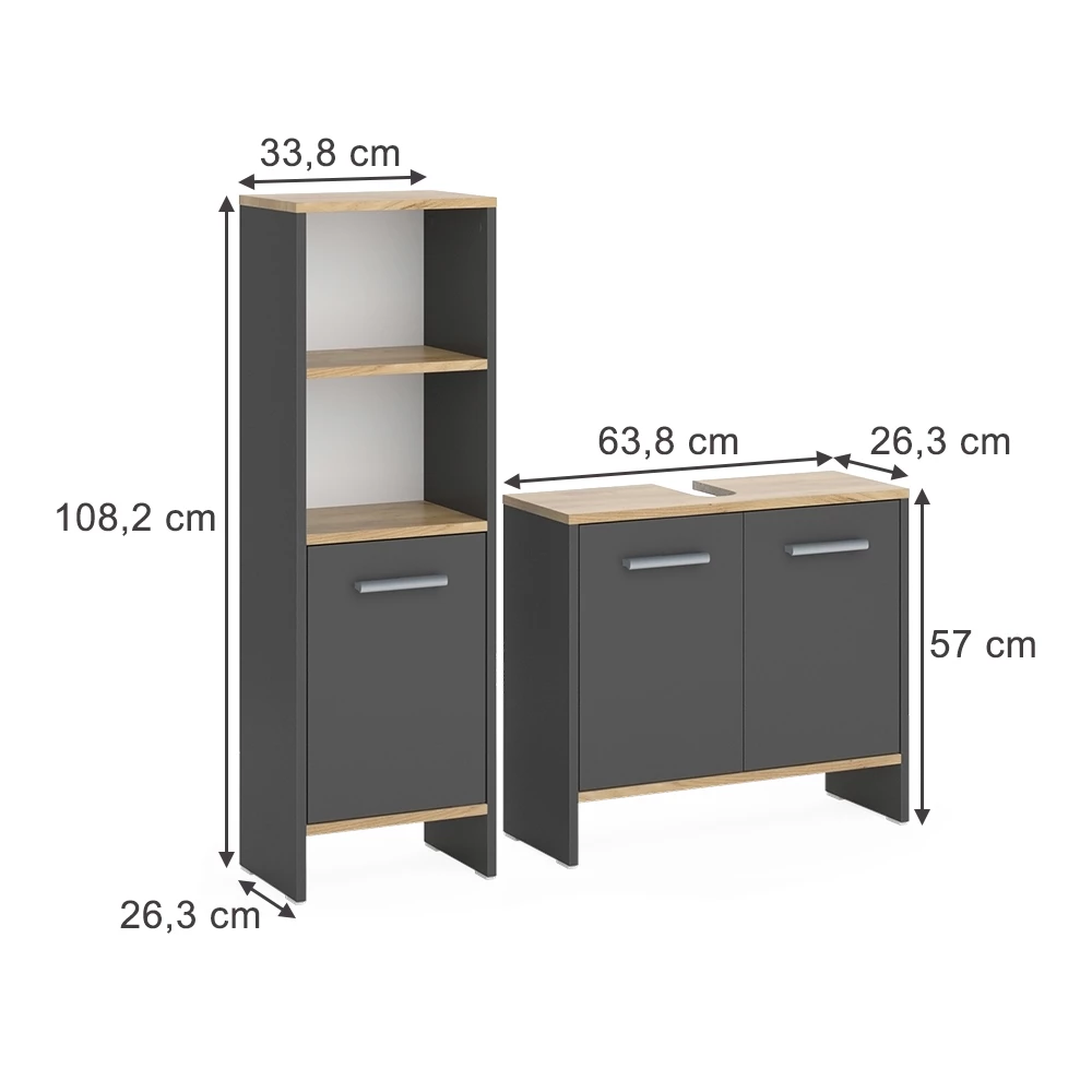 Badkamermeubelset in Antraciet/gouden eik op een witte achtergrond met zichtbare afmetingen