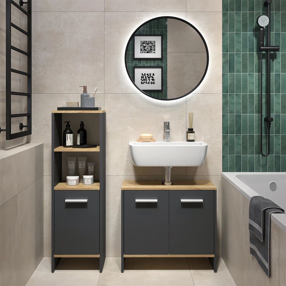 Badkamermeubelset in Antraciet/gouden eik, getoond in een sfeervolle omgeving met decoratie