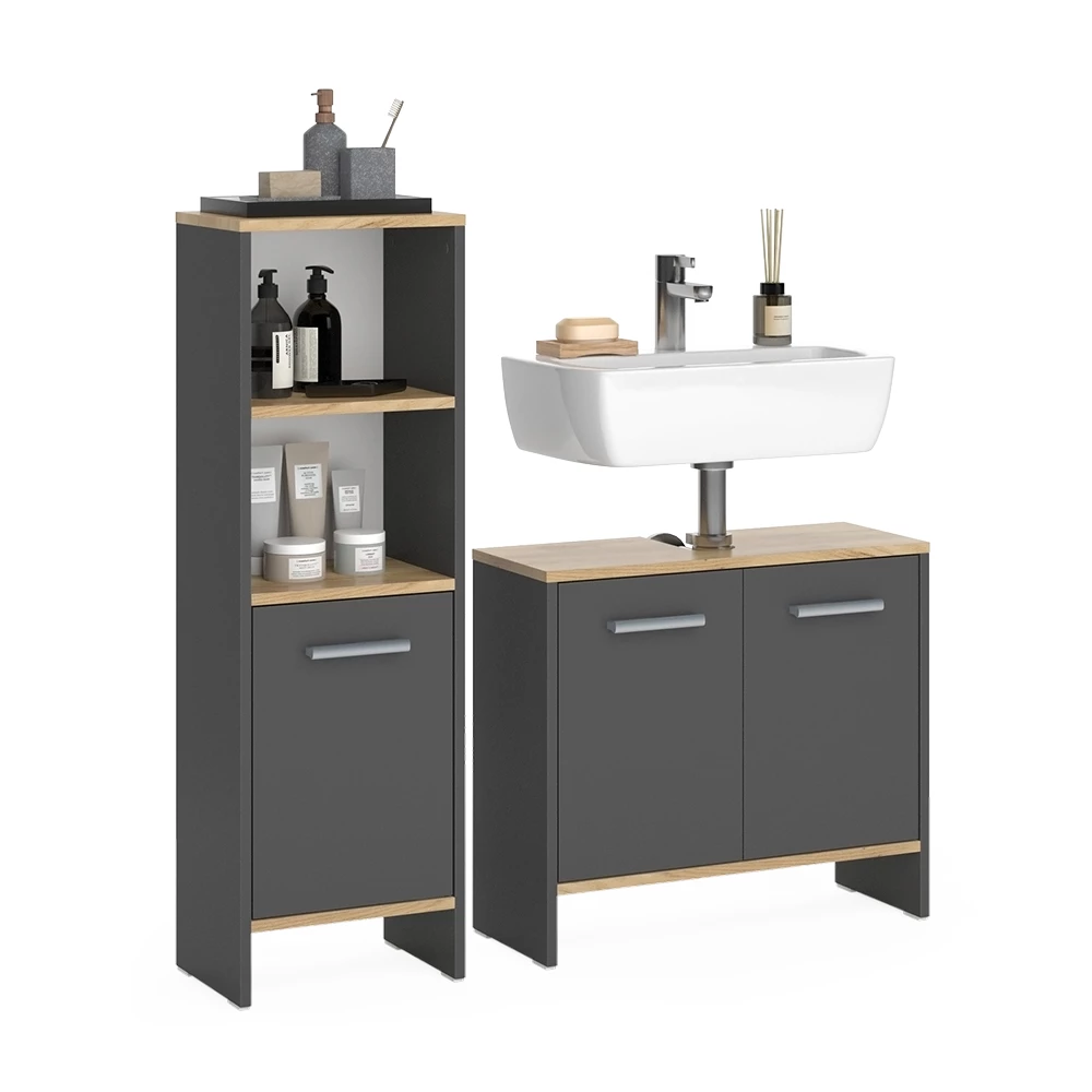 Badkamermeubelset in Antraciet/gouden eik op een witte achtergrond met decoratieve elementen