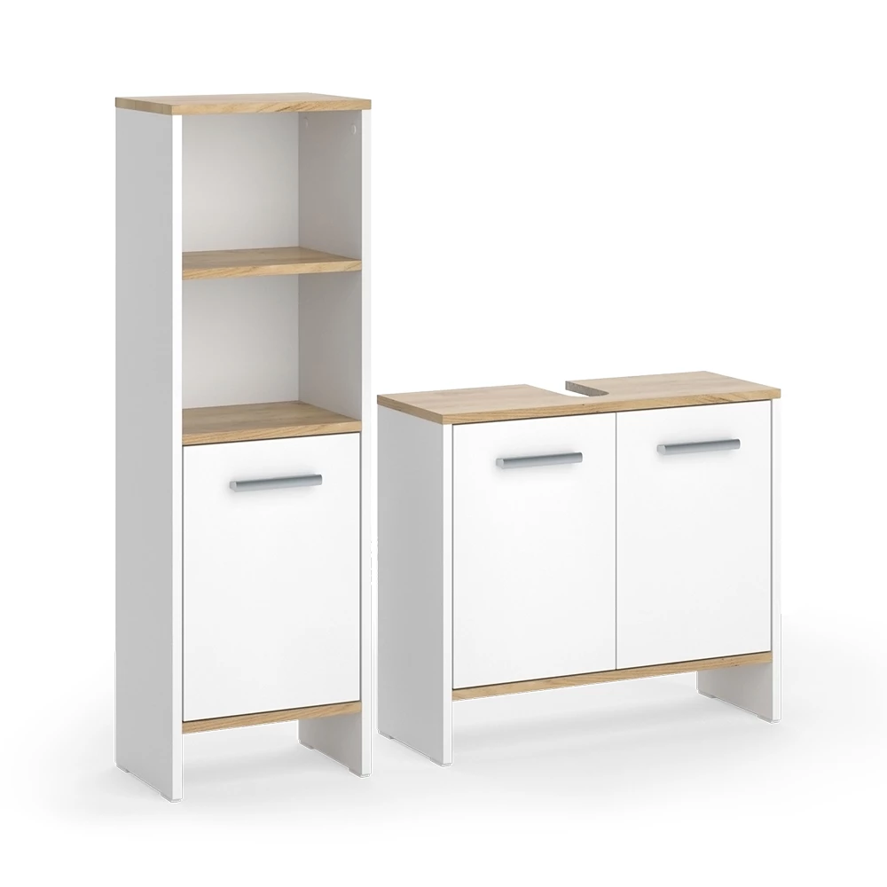 Badkamermeubelset in Eik wit/goud op een witte achtergrond