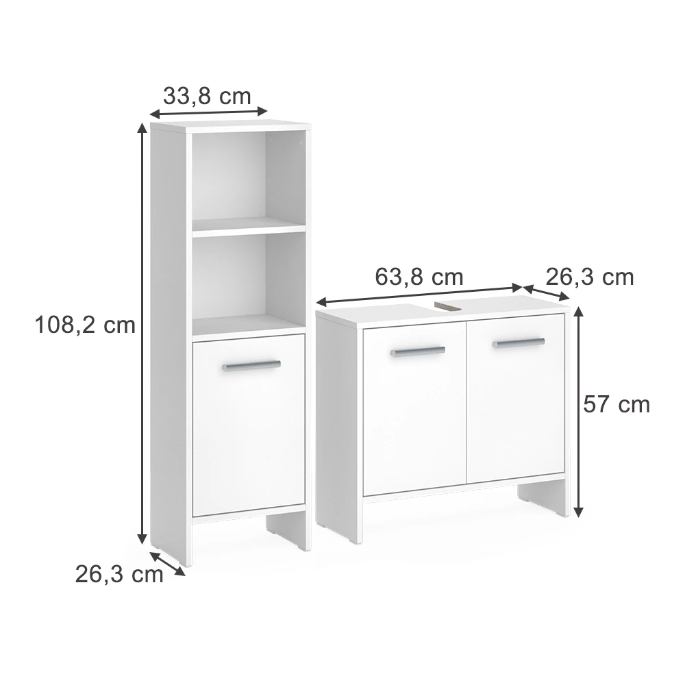Badezimmermöbel-Set in Weiß auf weißem Hintergrund mit sichtbaren Maßen
