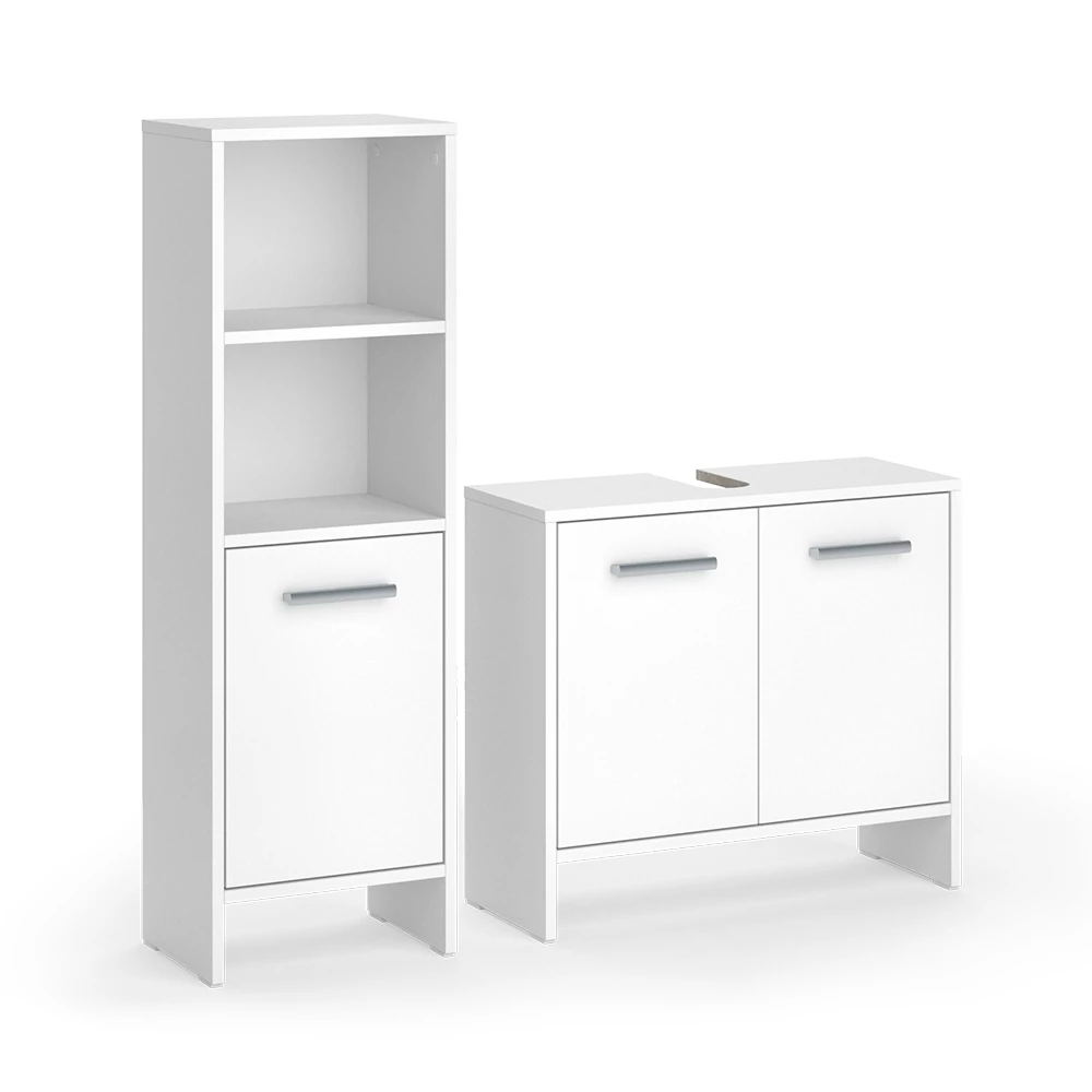 Badezimmermöbel-Set in Weiß auf weißem Hintergrund