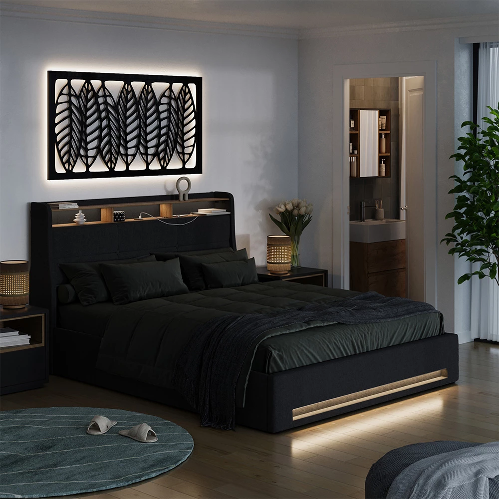 Lit rembourré en anthracite/chêne, présenté dans un décor ambiant avec décoration