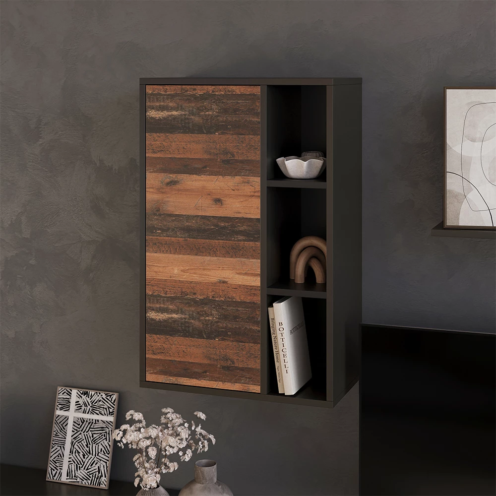 Hängeschrank in Schwarz/Oldstyle, dargestellt im Ambiente mit Dekoration