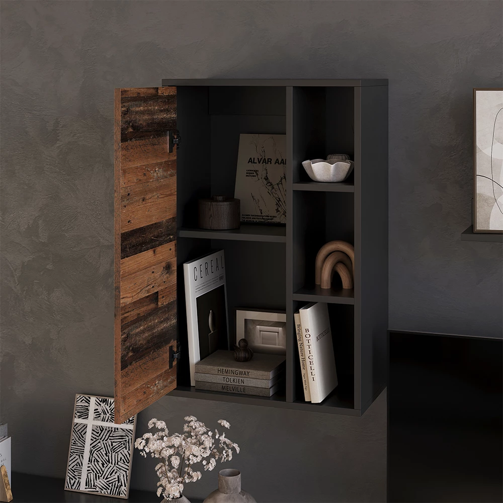 Nahaufnahme von Hängeschrank in Schwarz/Oldstyle, zeigt Textur/Details