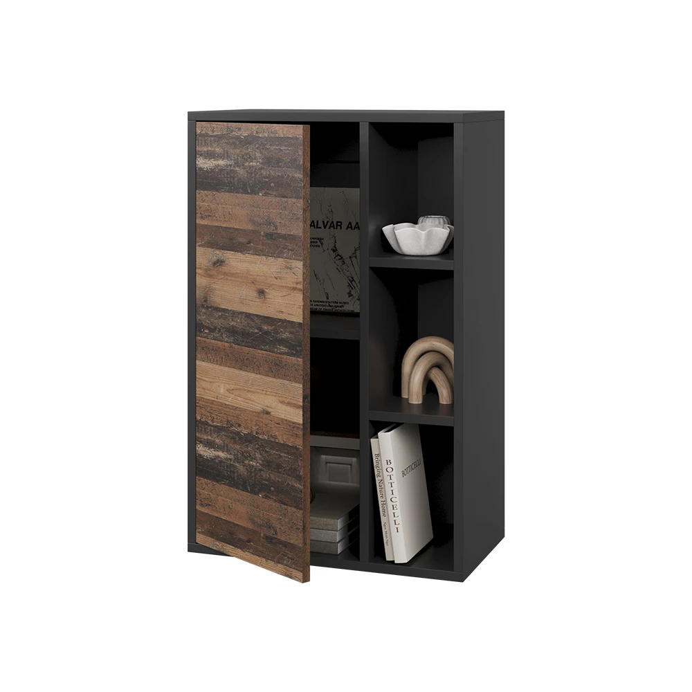 Hängeschrank in Schwarz/Oldstyle auf weißem Hintergrund mit dekorativen Elementen