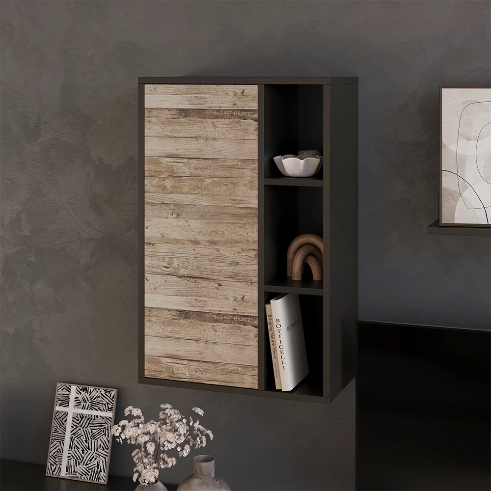 Hängeschrank in Schwarz/Sandeiche auf weißem Hintergrund