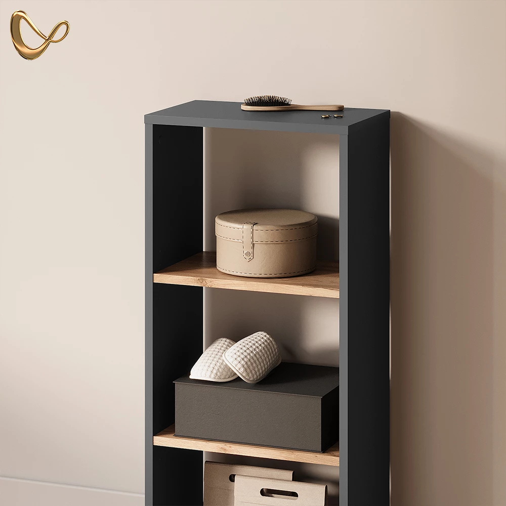 Nahaufnahme von Aufbewahrungsregal in Anthrazit/Goldkraft Eiche, zeigt Design- und Oberflächendetails