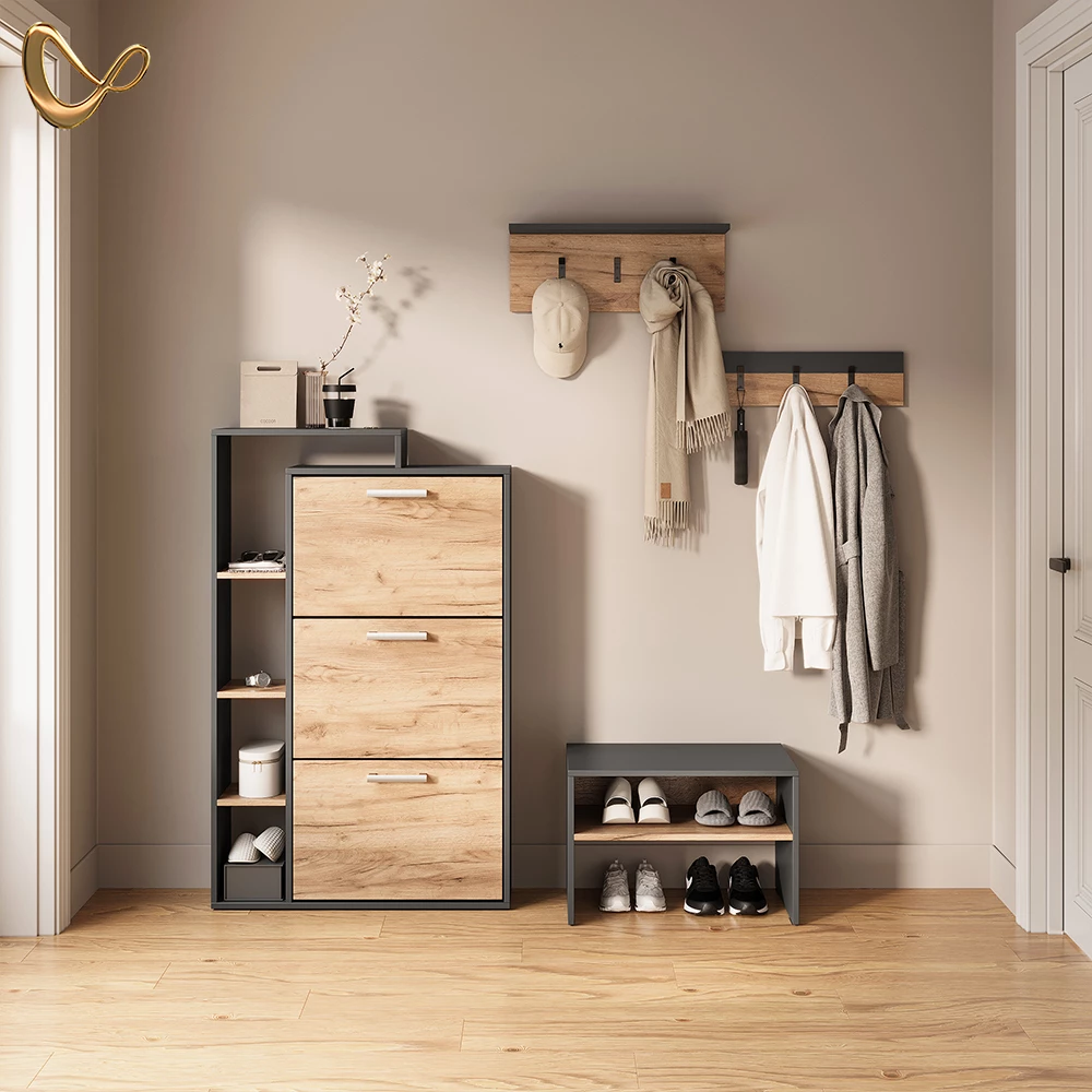 Schuhbank in Anthrazit/Goldkraft Eiche, dargestellt im Ambiente und auf weißem Hintergrund