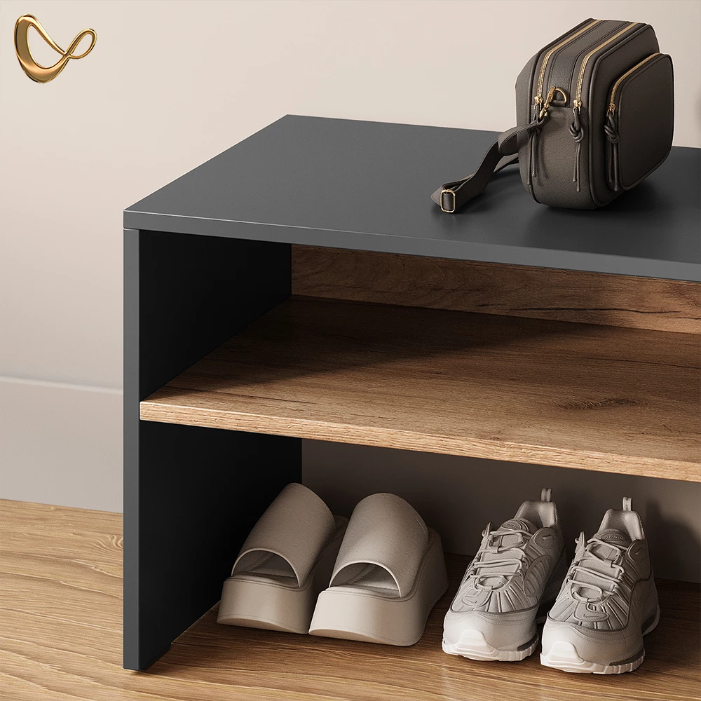 Nahaufnahme von Schuhbank in Anthrazit/Goldkraft Eiche, zeigt Design- und Oberflächendetails