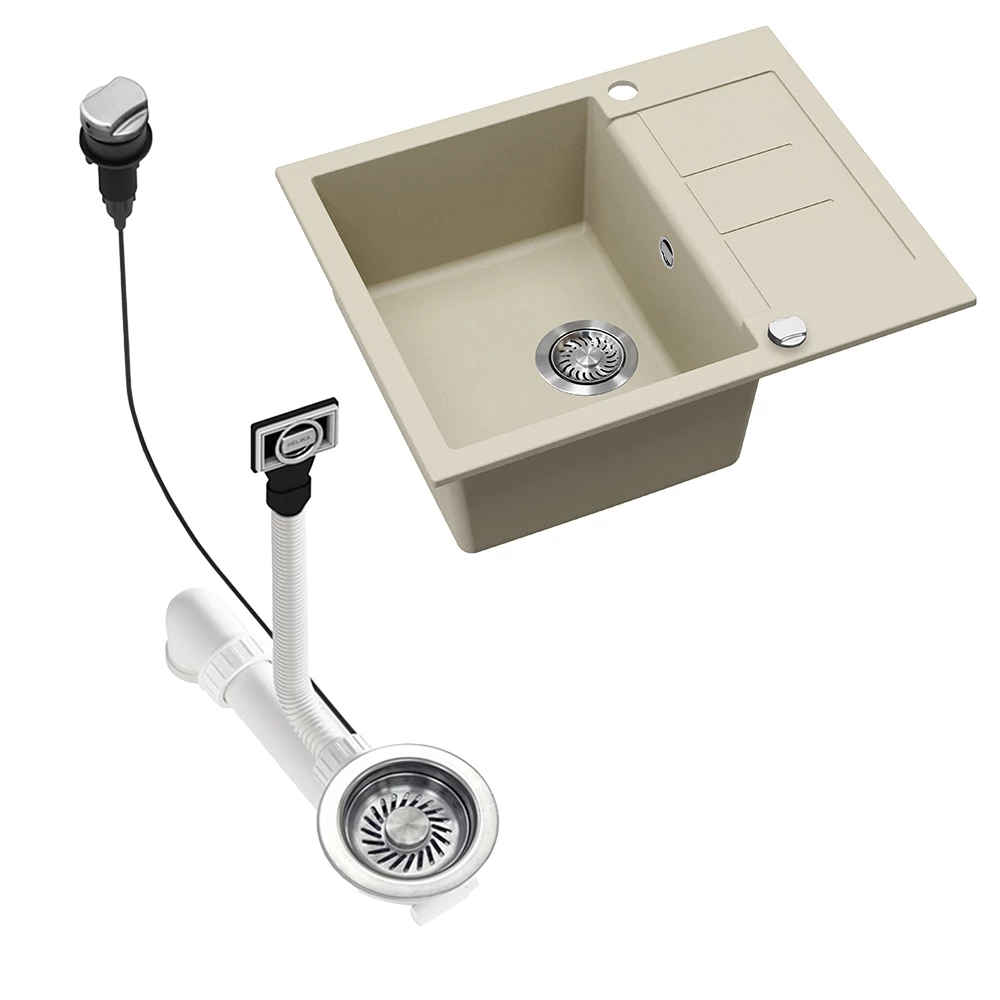 Nahaufnahme von Spülbecken in Beige, zeigt Design- und Oberflächendetails