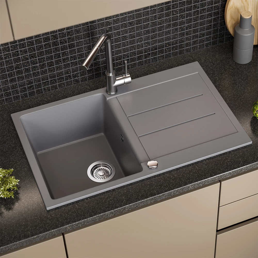 Spülbecken in Grau auf weißem Hintergrund