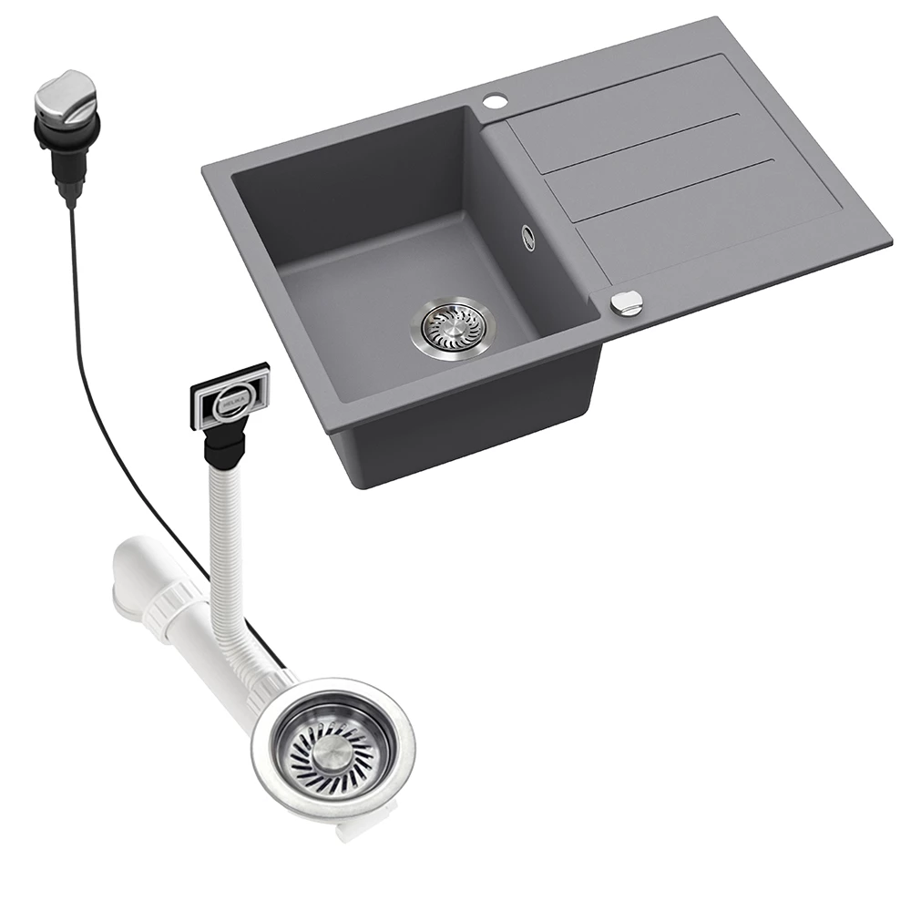 Nahaufnahme von Spülbecken in Grau, zeigt Design- und Oberflächendetails
