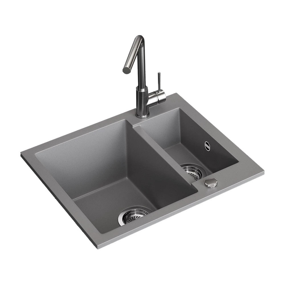 Evier en Gris sur fond blanc avec des éléments décoratifs