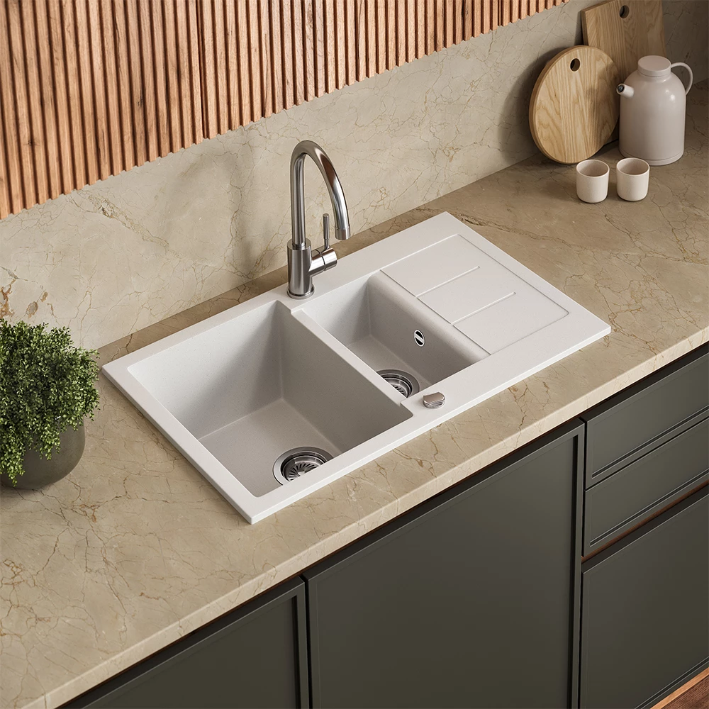 Lavello Seattle Bianco 80 x 50 cm con 2 lavandini e zona di asciugatura Bergström