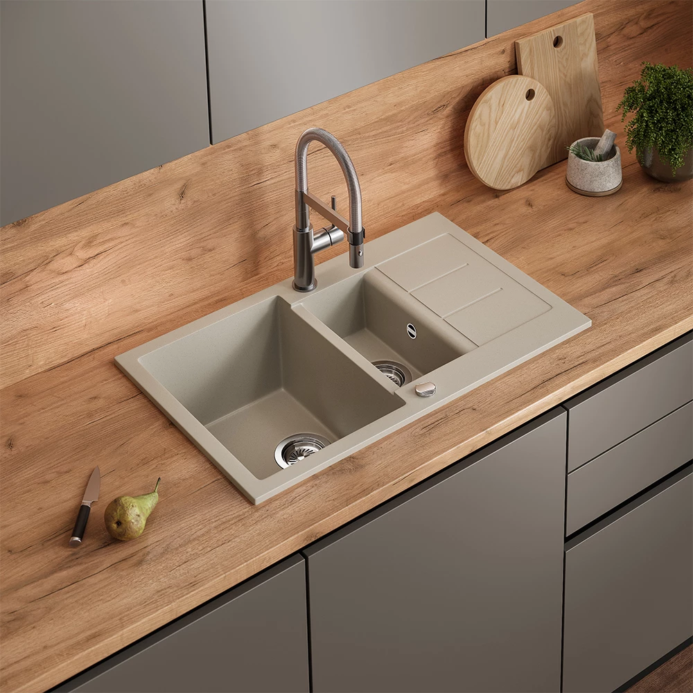 Spülbecken Seattle Beige 80 x 50 cm mit 2 Spülbecken & Trockenplatz Bergström