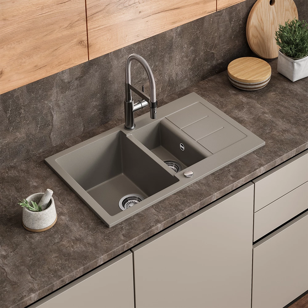Spülbecken Seattle Beton 80 x 50 cm mit 2 Spülbecken & Trockenplatz Bergström