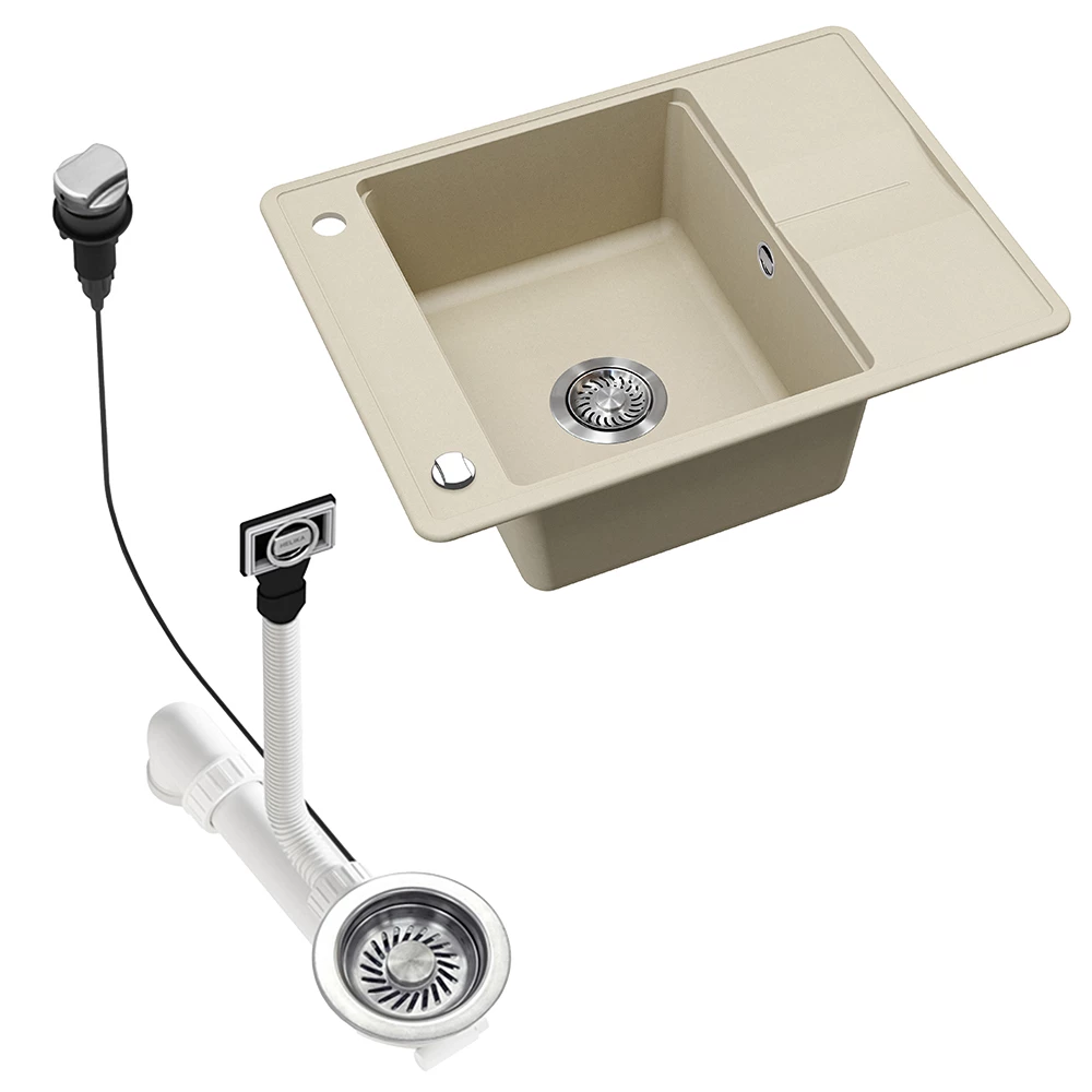 Nahaufnahme von Spülbecken in Beige, zeigt Design- und Oberflächendetails