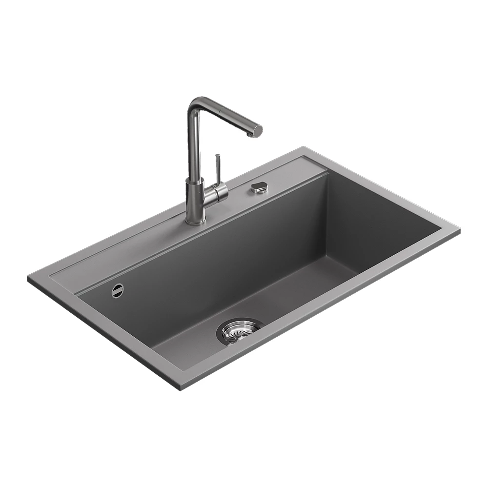 Evier en Gris sur fond blanc avec des éléments décoratifs