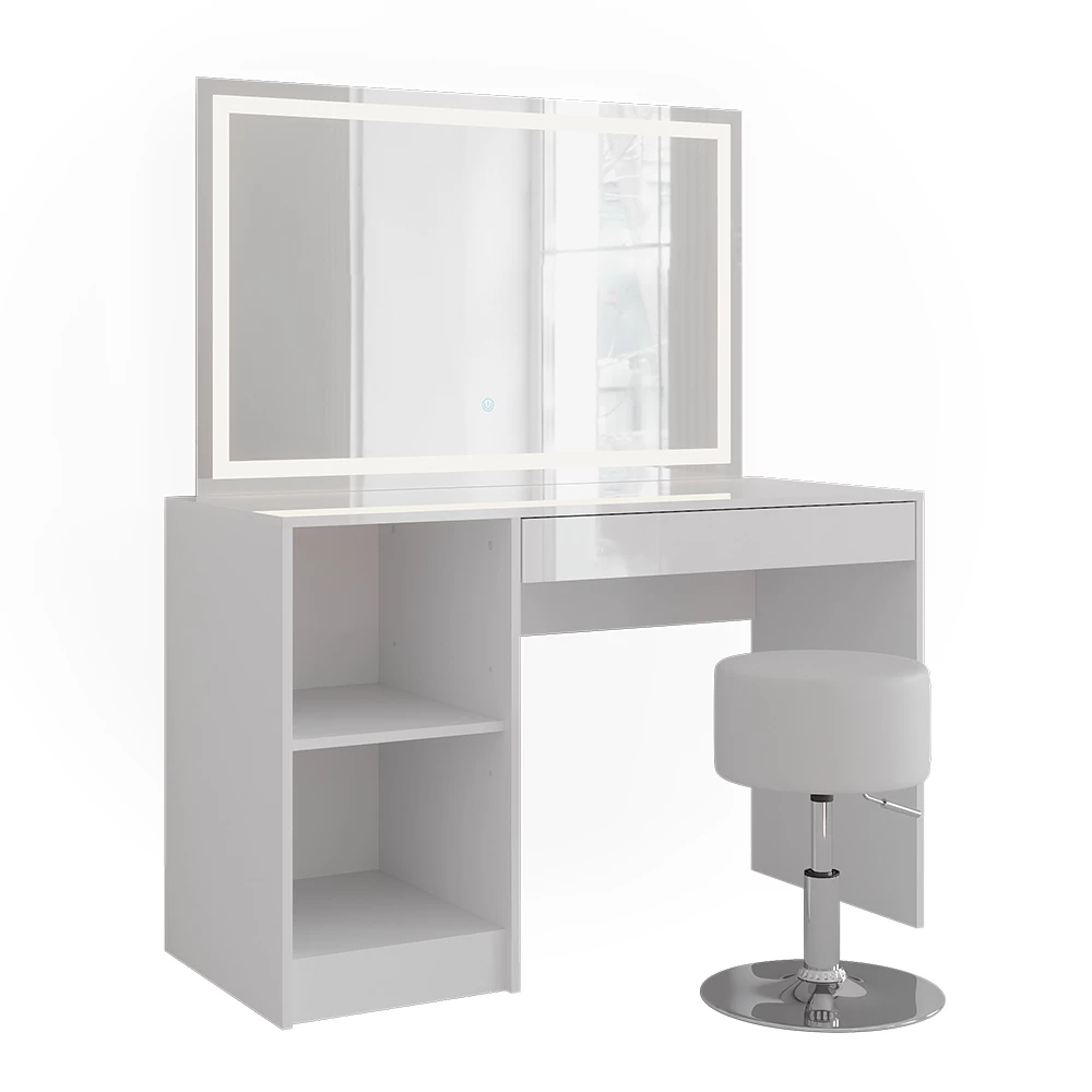 Kaptafel set met kruk in Wit/wit hoogglans op een witte achtergrond