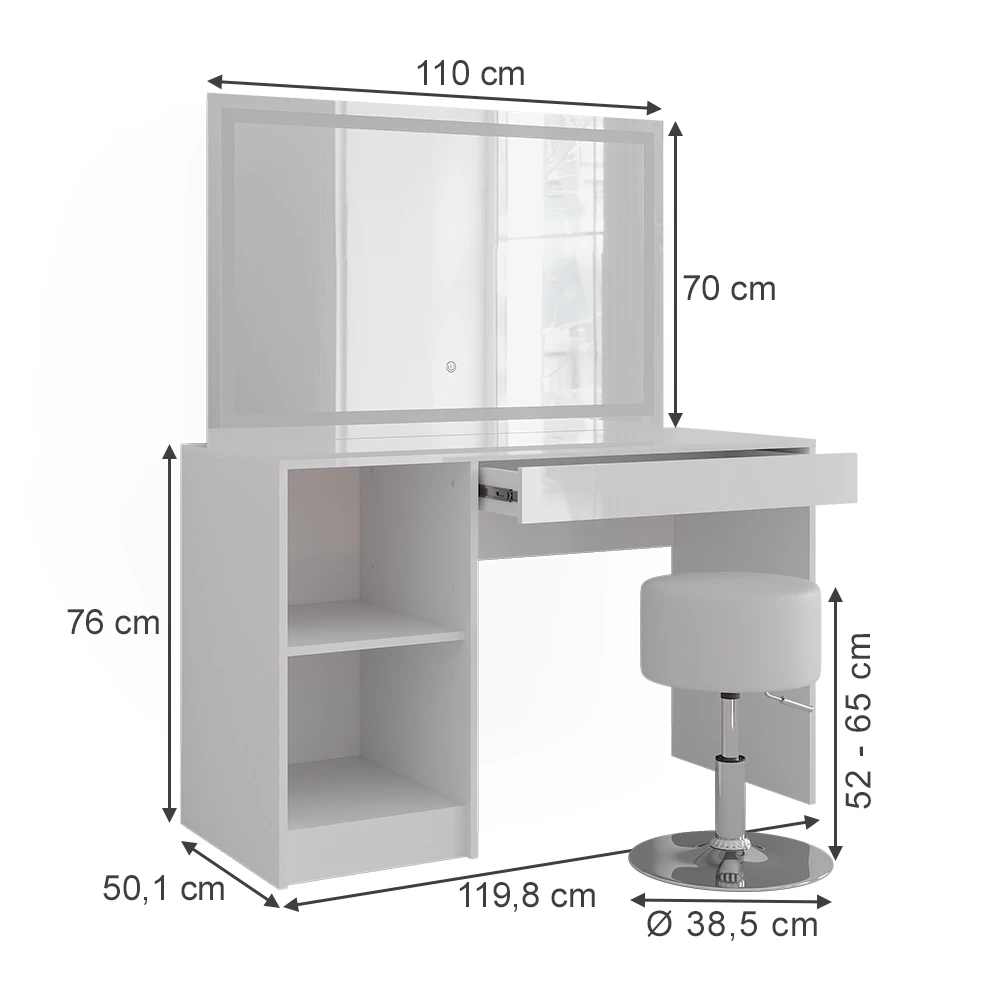 Kaptafel set met kruk in Wit/wit hoogglans op een witte achtergrond met zichtbare afmetingen