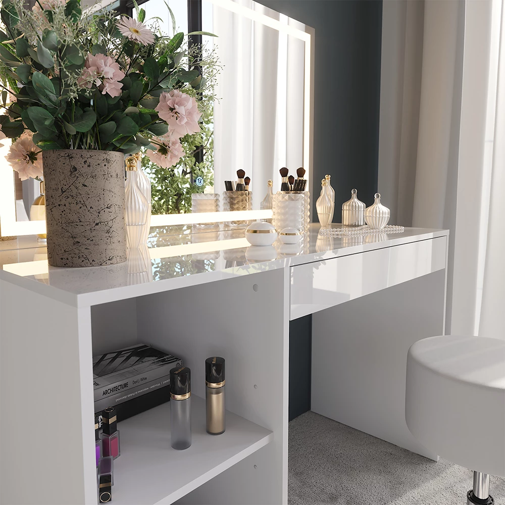 Close-up van Kaptafel set met kruk in Wit/wit hoogglans, met textuur/details