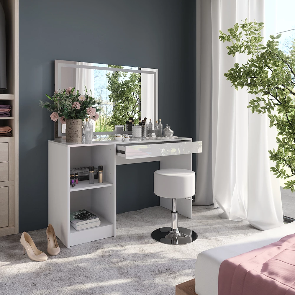 Close-up van Kaptafel set met kruk in Wit/wit hoogglans, met ontwerp- en oppervlakte-details