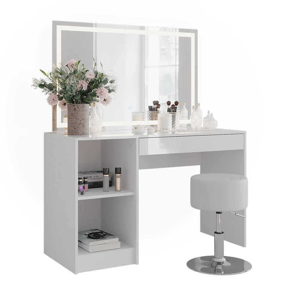 Kaptafel set met kruk in Wit/wit hoogglans op een witte achtergrond met decoratieve elementen
