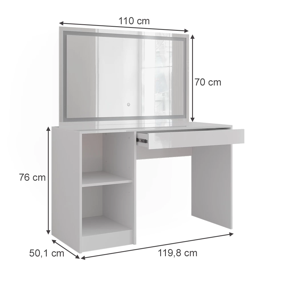 Schminktisch in Weiß/Weiß Hochglanz auf weißem Hintergrund mit sichtbaren Maßen