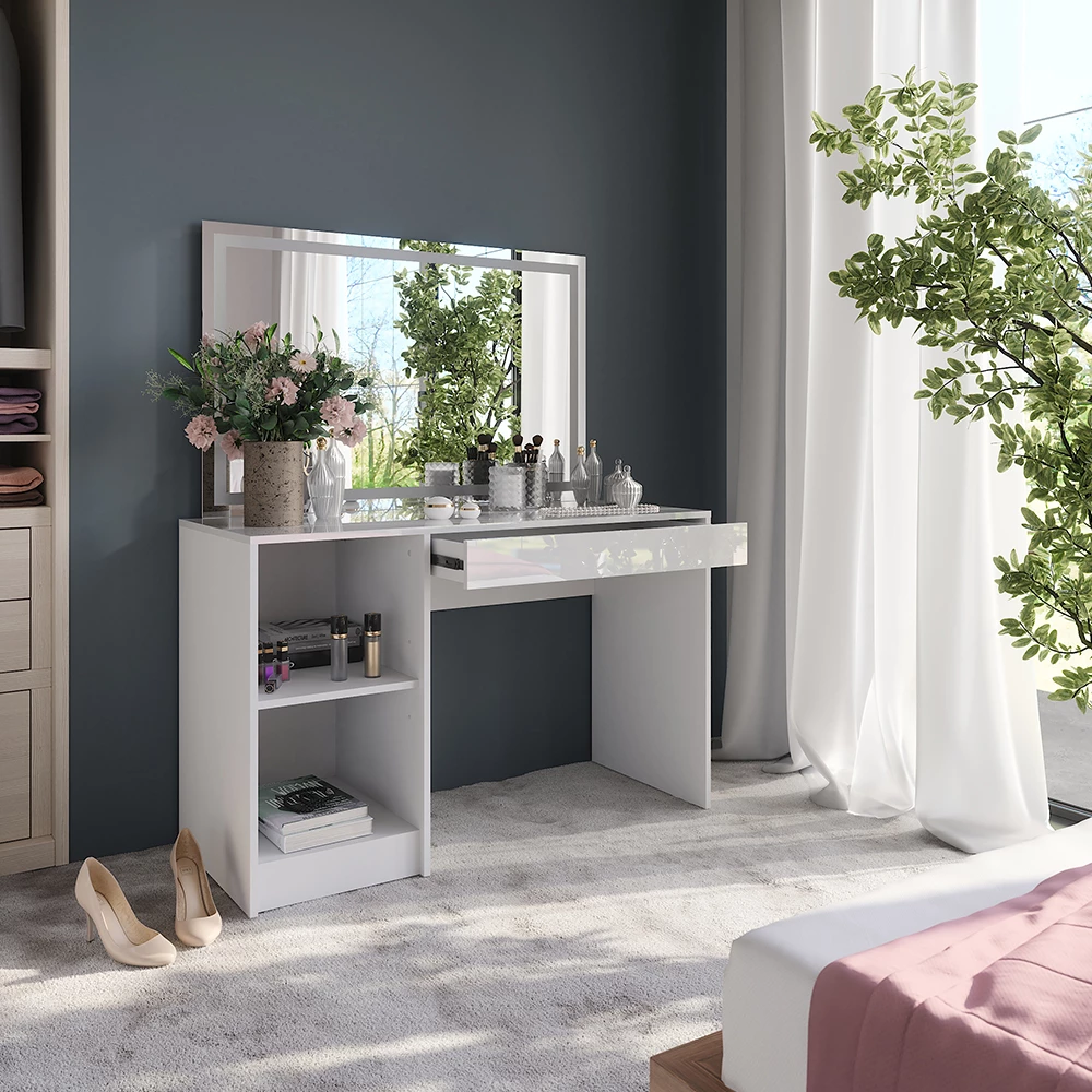 Nahaufnahme von Schminktisch in Weiß/Weiß Hochglanz, zeigt Design- und Oberflächendetails