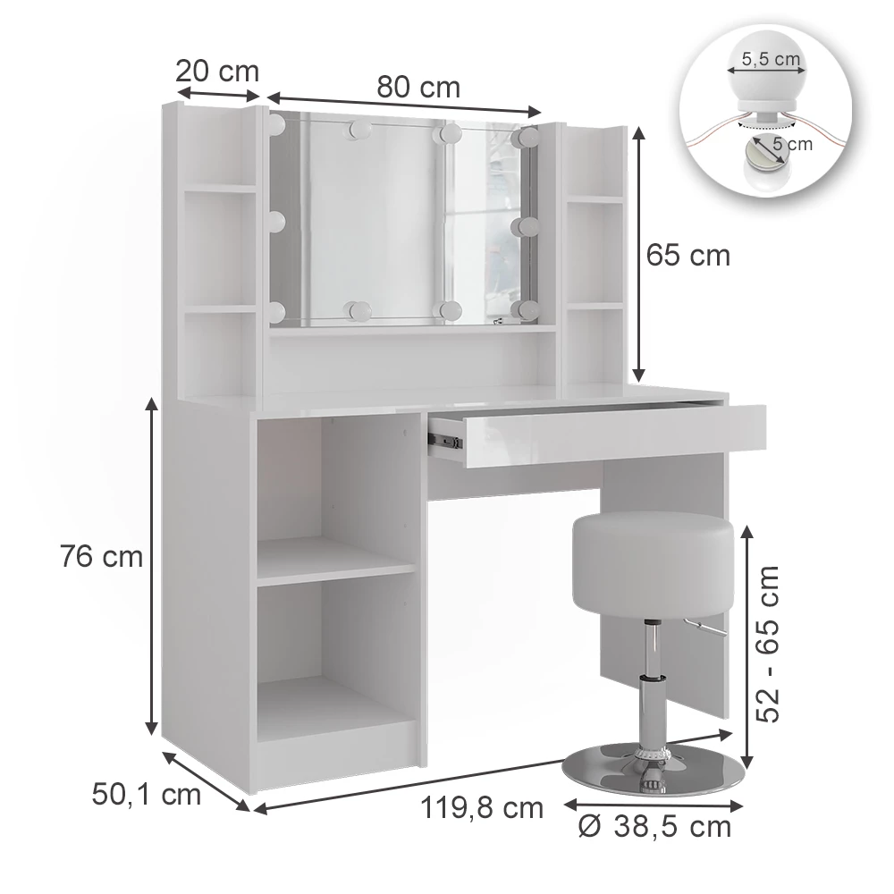 Vanity table in White/white high gloss on white background with visible dimensions
