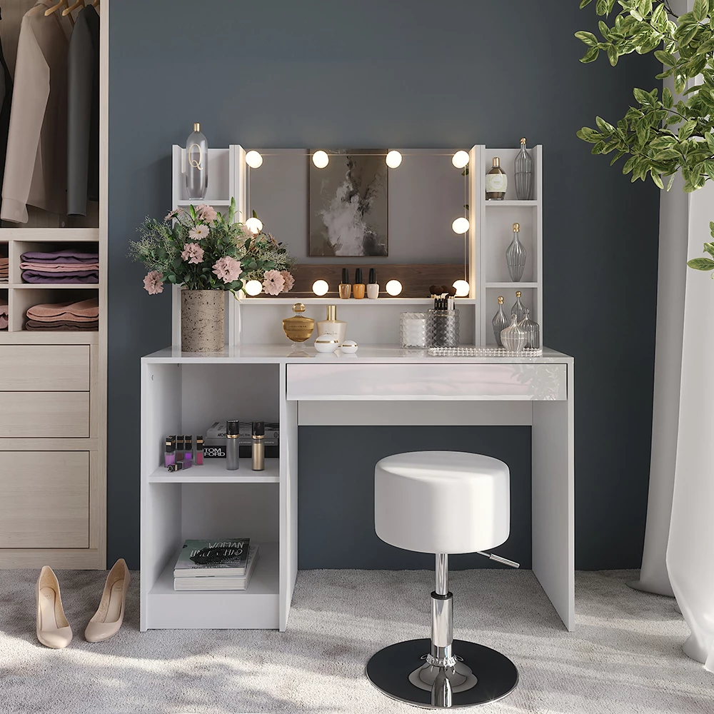 Vanity table in White/white high gloss shown in ambient setting with decoration