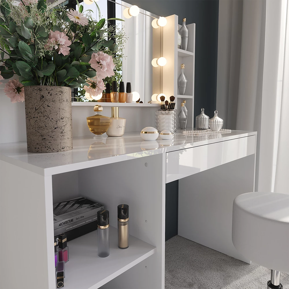 Close-up of Vanity table in White/white high gloss, showing texture/details