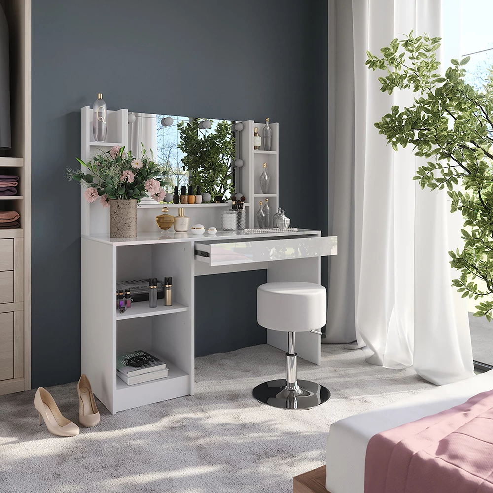 Close-up of Vanity table in White/white high gloss, showing design and surface details