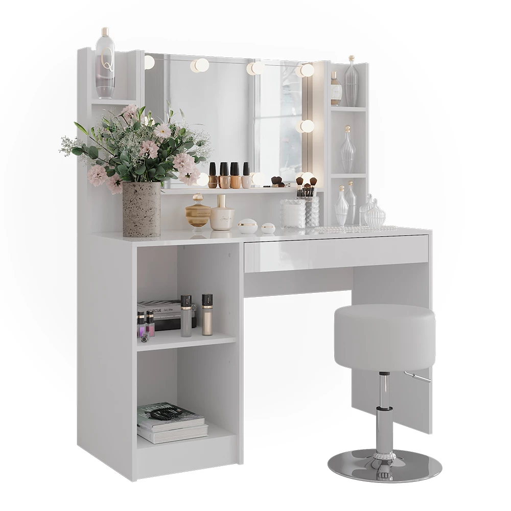 Vanity table in White/white high gloss on white background with decorative elements