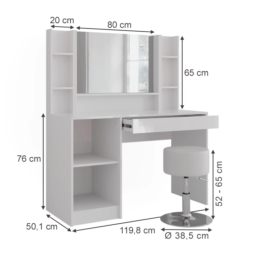 Stół toaletowy w kolorze Biały/biały wysoki połysk na białym tle z widocznymi wymiarami