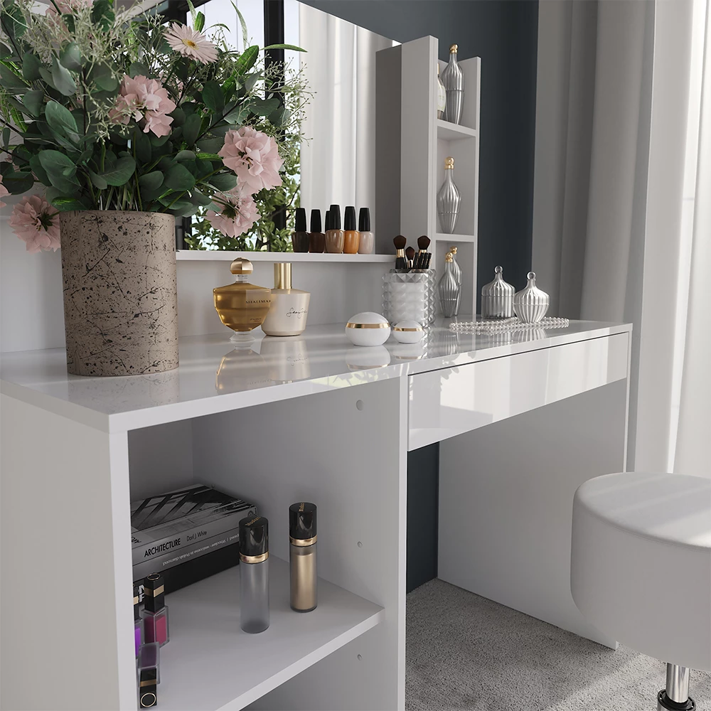 Zbliżenie Stół toaletowy w kolorze Biały/biały wysoki połysk, pokazujące teksturę/detale