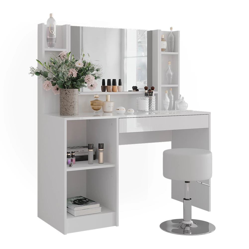 Stół toaletowy w kolorze Biały/biały wysoki połysk na białym tle z elementami dekoracyjnymi