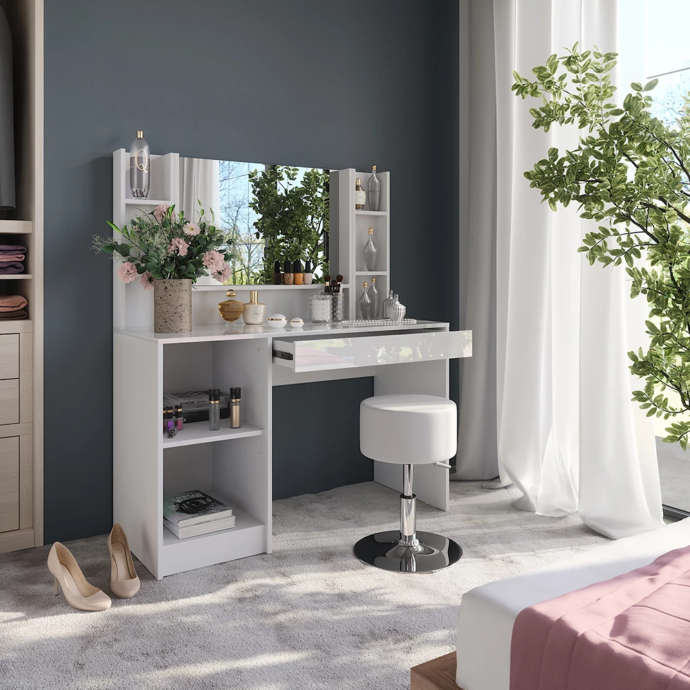 Zbliżenie Stół toaletowy w kolorze Biały/biały wysoki połysk, pokazujące wzór i detale powierzchni