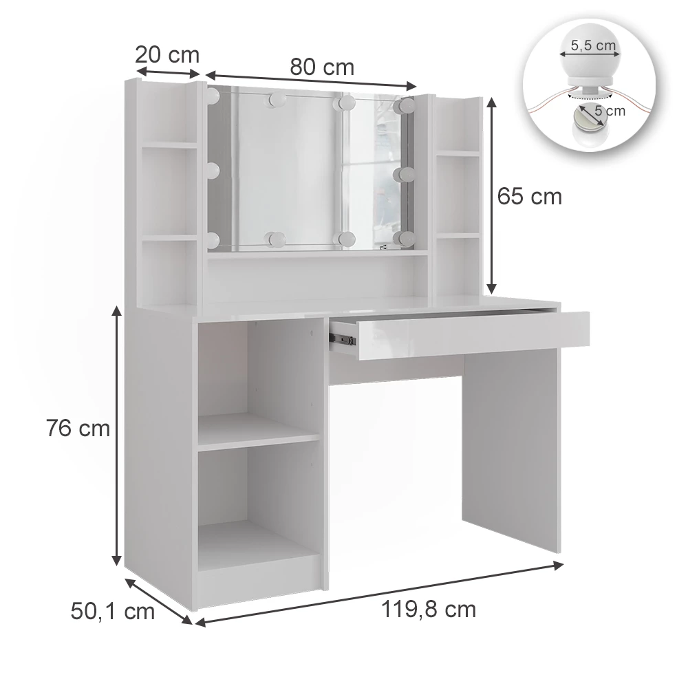 Tavolo da toeletta in Bianco/bianco lucido su sfondo bianco con dimensioni visibili