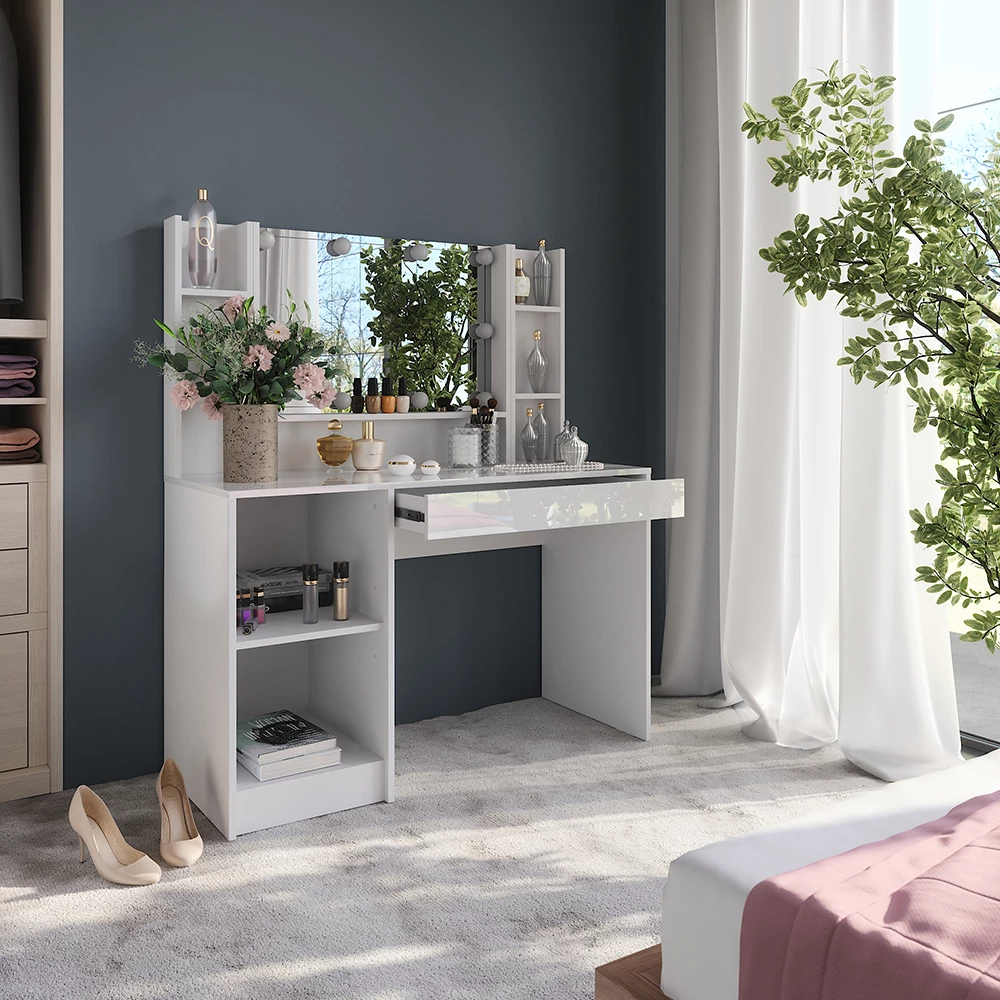 Primo piano di Tavolo da toeletta in Bianco/bianco lucido, mostrando design e dettagli della superficie