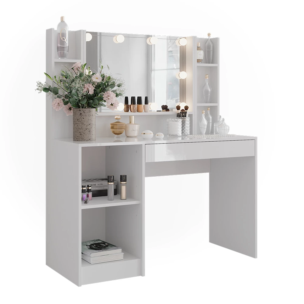 Tavolo da toeletta in Bianco/bianco lucido su sfondo bianco con elementi decorativi