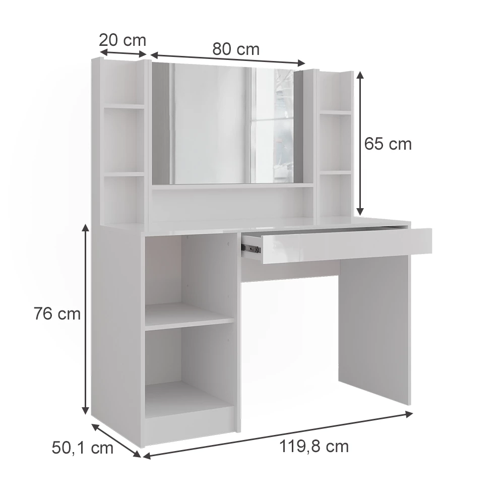 Vanity table in White/white high gloss on white background with visible dimensions