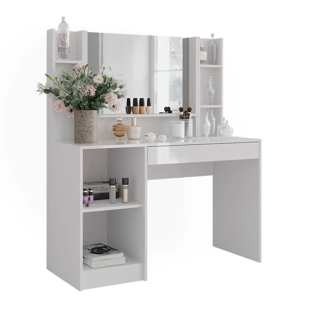 Vanity table in White/white high gloss on white background with decorative elements